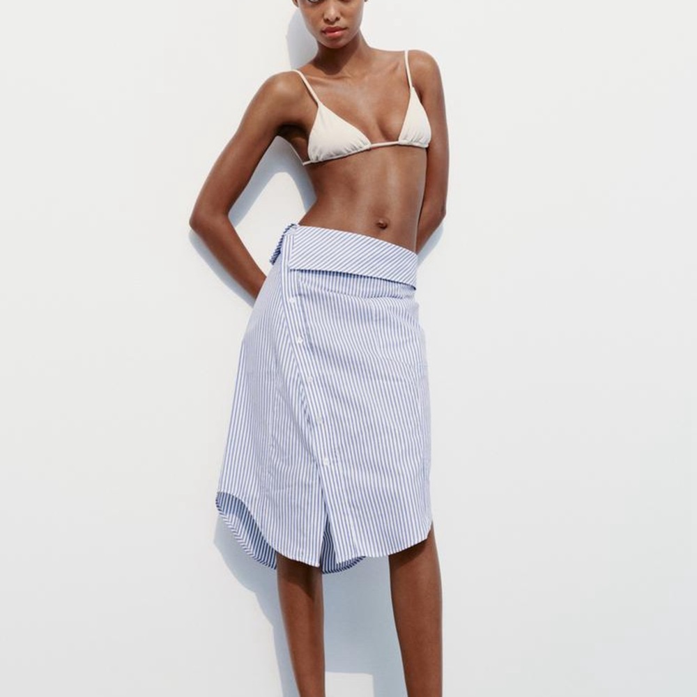 Zara Asymmetric Blue and White Striped Midi Shirt